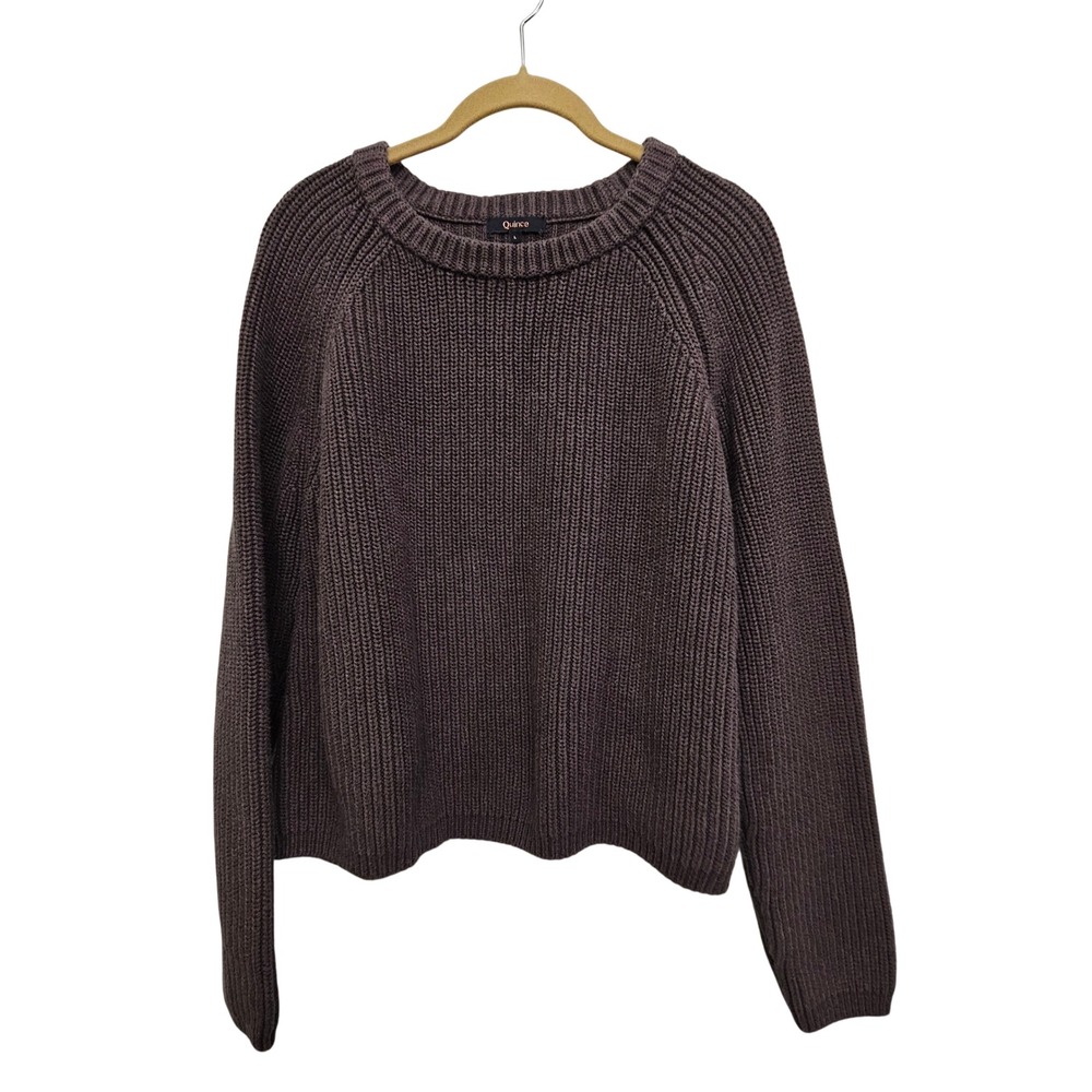 Quince Fisherman Crew Sweater Women L Heather Brown Organic Chunky Knit Coastal